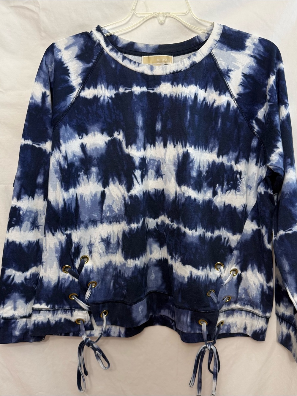 Michael Kors Navy Tie-Dye Pullover Top with lace-up detail, XL
